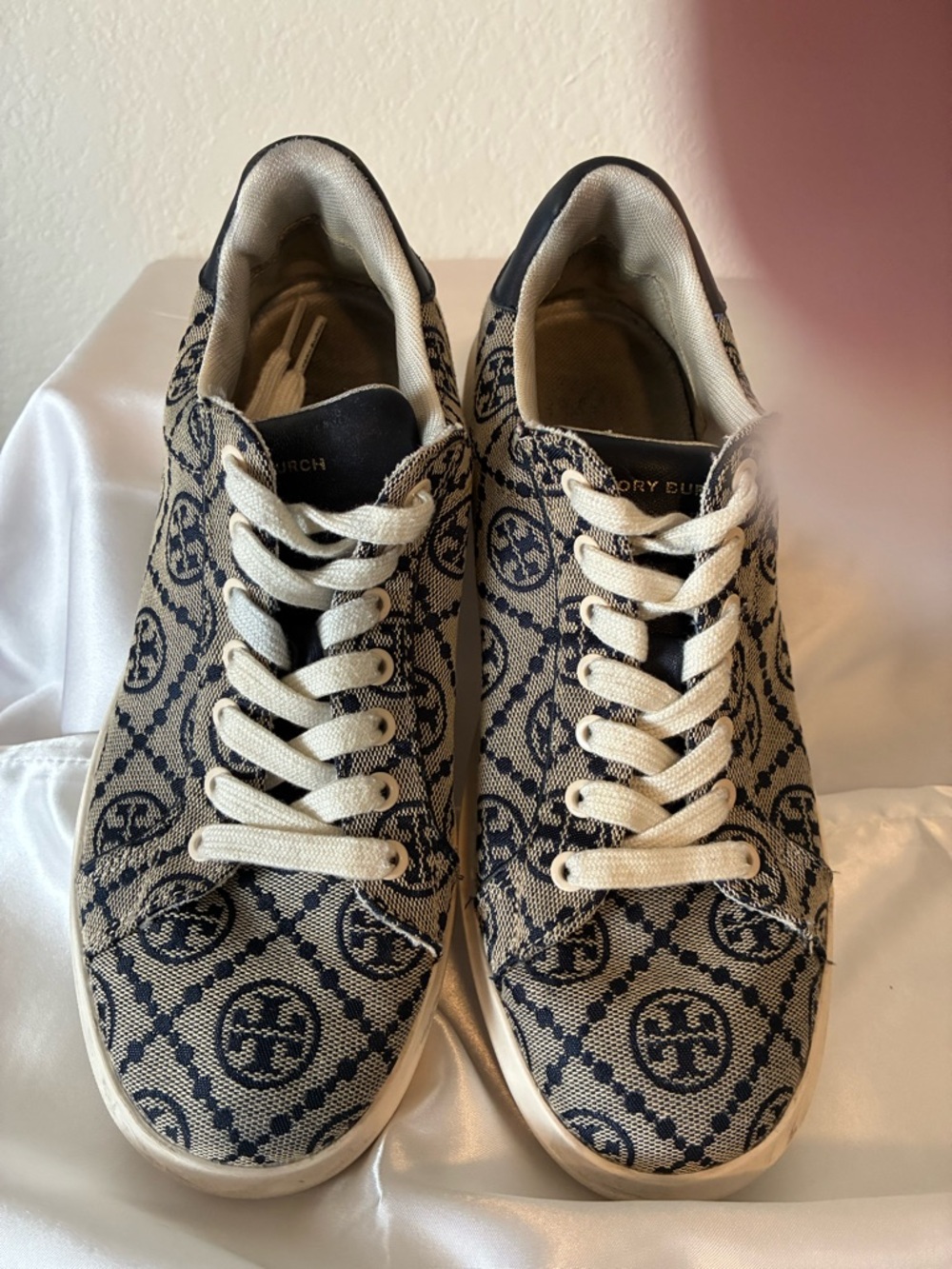 Tory Burch Navy & Beige Monogram Canvas Sneakers